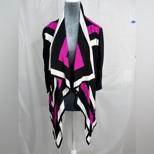 New York & Company Open Front Cardigan Black Pink White Geo Size L